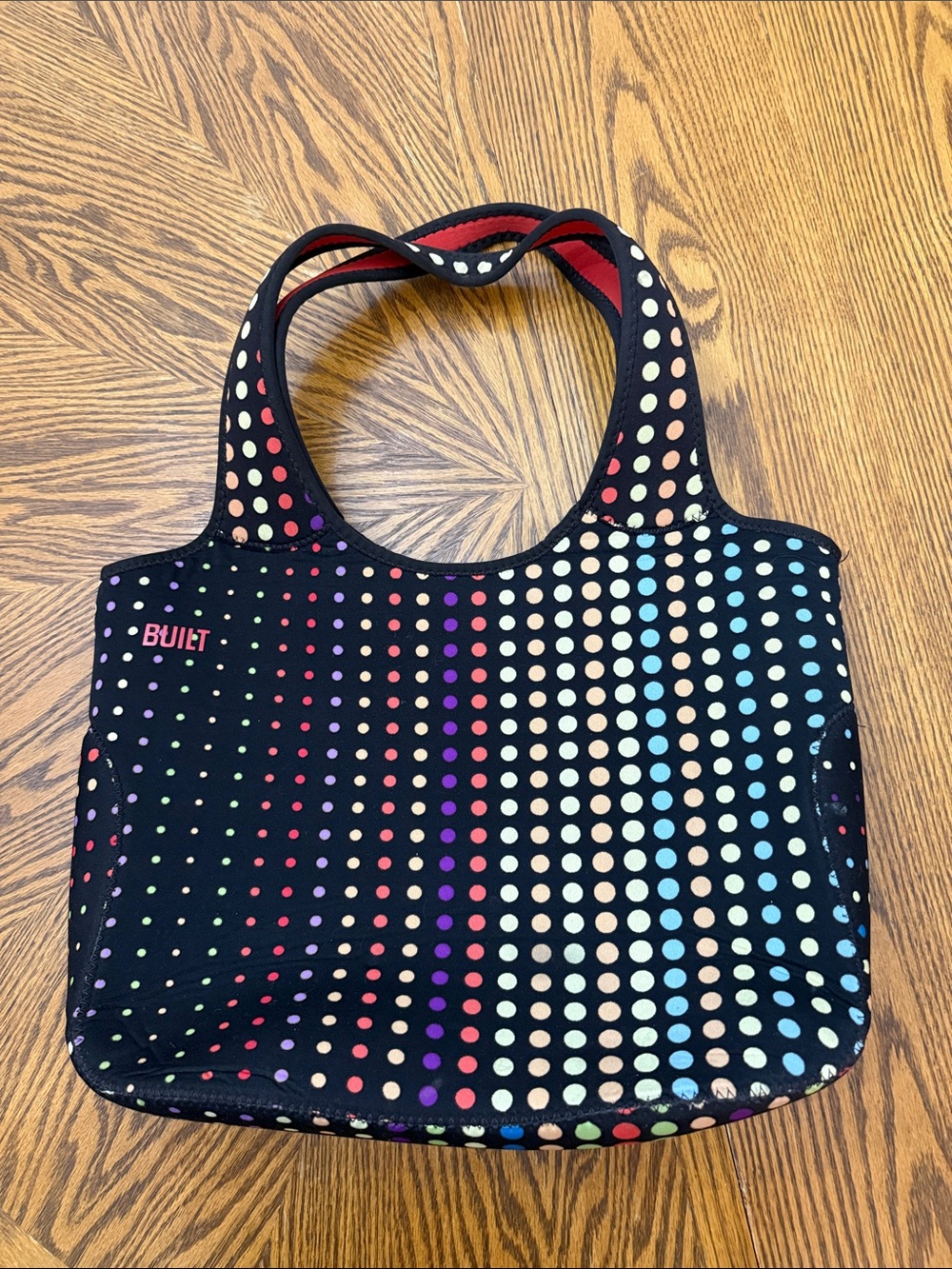 BUILT Black NY Neoprene Shopping Tote Lunch Bag Multicolor Dot Pattern Very Nice
